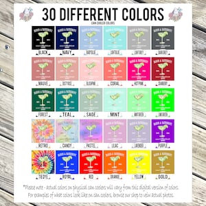 May include: A color chart showcasing 30 different can cooler colors, each labeled with a name. The colors range from black to gold, including shades like baby blue, hot pink, and tie-dye. The text "MARGS & MATRIMONY" is on each color swatch.
