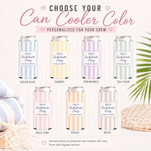 Peut inclure: Pr&eacute;sentation de refroidisseurs de canettes personnalis&eacute;s en bleu oc&eacute;an, jaune canari, pervenche, mousse de mer, rose p&acirc;le, p&ecirc;che et beige. Chaque refroidisseur est con&ccedil;u pour un enterrement de vie de jeune fille.