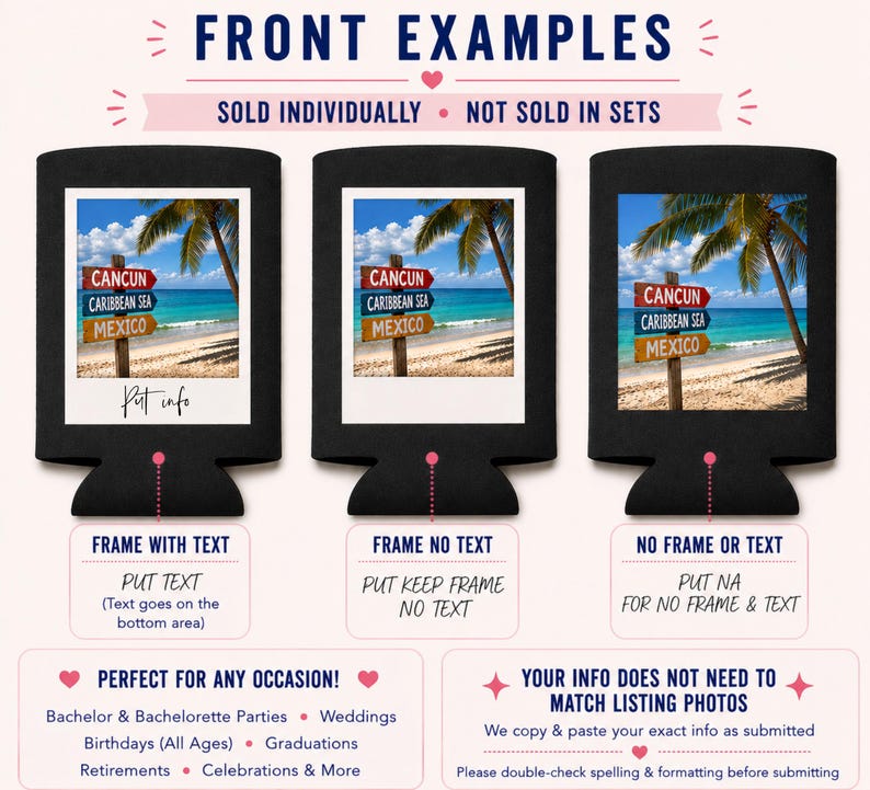 Peut inclure: Refroidisseurs de canettes noirs avec une sc&egrave;ne de plage repr&eacute;sentant un panneau indicateur pointant vers Cancun, mer des Cara&iuml;bes et Mexique. Le texte "FRONT EXAMPLES" et "SOLD INDIVIDUALLY NOT SOLD IN SETS" sont en haut. Options: cadre avec texte, cadre sans texte, sans cadre ni texte.