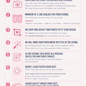 May include: A pink and white graphic with the text "PLEASE READ" and "IMPORTANT INFO BEFORE ORDERING." The image provides instructions for ordering custom can coolers, including photo requirements and minimum order quantities.