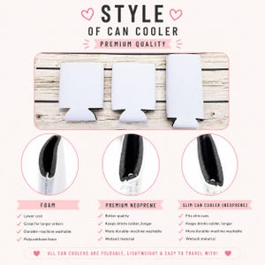 Peut inclure: Pr&eacute;sentation de trois types de refroidisseurs de canettes blancs : mousse, n&eacute;opr&egrave;ne premium et slim n&eacute;opr&egrave;ne. L'image affiche le texte "Style de refroidisseur de canette" et "Qualit&eacute; sup&eacute;rieure". Les refroidisseurs sont pliables, l&eacute;gers et faciles &agrave; transporter.