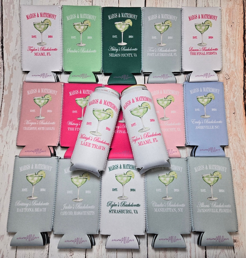 May include: A collection of personalized bachelorette party can coolers in various colors, including pink, green, and gray. Each cooler features a margarita graphic, the text "MARGS & MATRIMONY," and a location and name. The year "2024" is also printed on each cooler.