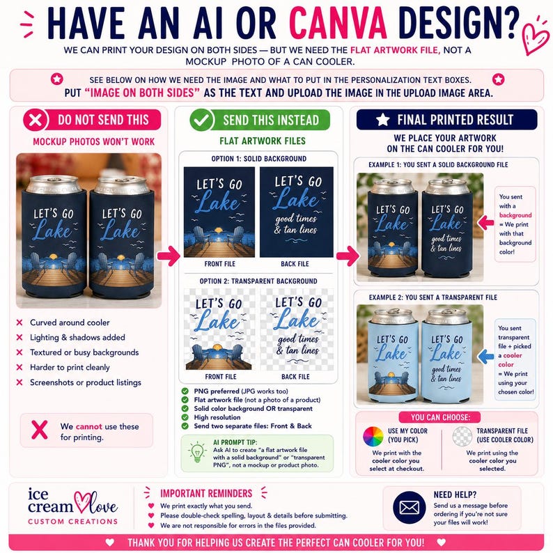 May include: Informational graphic with instructions for submitting artwork for can coolers. The image shows examples of acceptable flat artwork files and unacceptable mockup photos. Text includes "Let's Go Lake" designs and instructions for file submission.