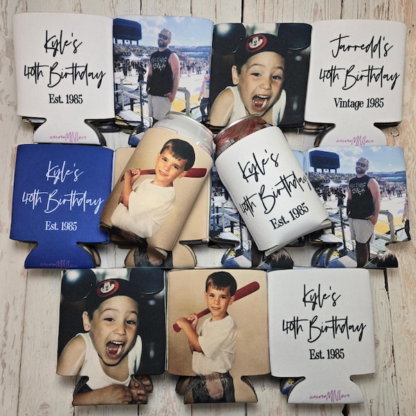Custom Photo 40th Birthday Can Coolers | Vintage 1986 Personalized Party Favors