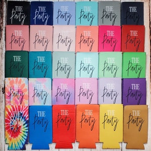 May include: Thirty-six can coolers with the text "The Party" in black script. The coolers are in a variety of colors, including blue, pink, green, yellow, red, purple, and tie-dye.