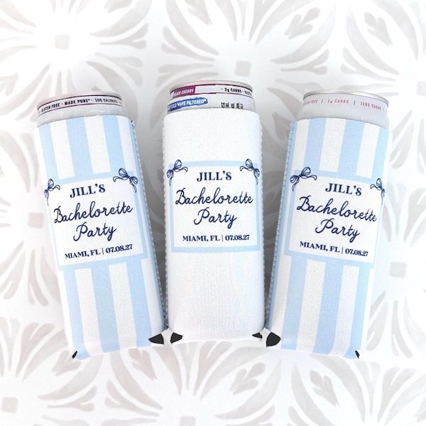 Personalized Beach Bachelorette Can Cooler – Coastal Bridal Party Favor – Custom Drink Holder - STRIPES