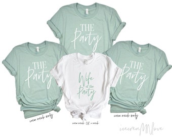 Wife of the party & The Party sage green bachelorette party shirts.  Beach party bachelorette shirts and party favors. THEPTY-UT