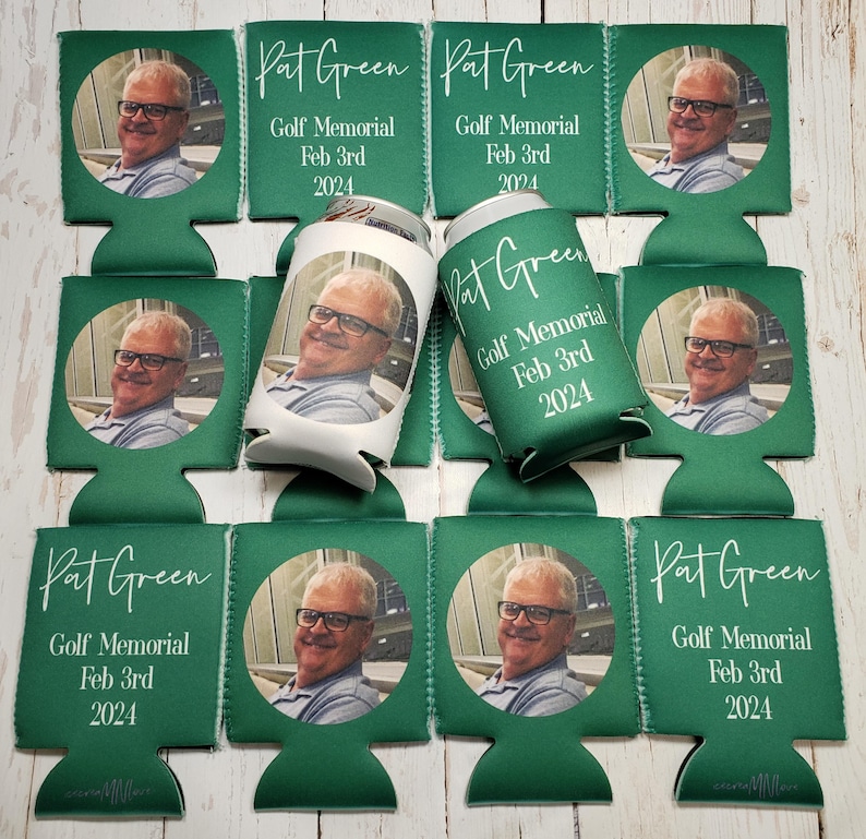 May include: A collection of green can coolers and a can featuring a photo of a man wearing glasses. The text "Pat Green Golf Memorial Feb 3rd 2024" is printed on the coolers in white script. The coolers are designed to keep beverages cold.