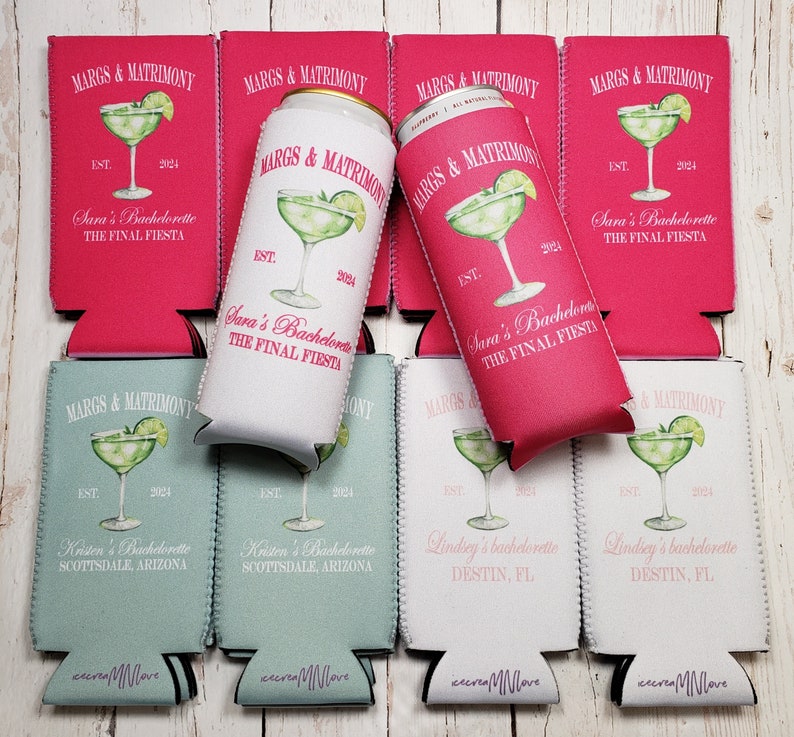 May include: A collection of drink koozies in various colors, including pink, white, and mint green. Each koozie features a margarita glass illustration and text that reads "MARGS & MATRIMONY" and "Sara's Bachelorette THE FINAL FIESTA".