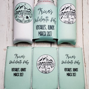 Camping bachelorette party favors. Getting Lit & Getting Hitched Camp Bachelorette party can coolers. Custom party info... CAMP