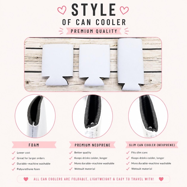 Peut inclure: Pr&eacute;sentation de trois mod&egrave;les de refroidisseurs de canettes blancs : mousse, n&eacute;opr&egrave;ne premium et n&eacute;opr&egrave;ne fin. Le texte &laquo; Style de refroidisseur de canette, qualit&eacute; sup&eacute;rieure &raquo; est visible. Les refroidisseurs sont pliables, l&eacute;gers et faciles &agrave; transporter.