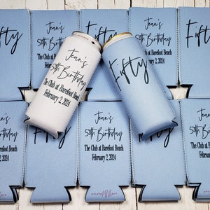 Fifty birthday party can cooler favors. Personalized with custom birthday party info. 50th Birthday favors... FIFTY