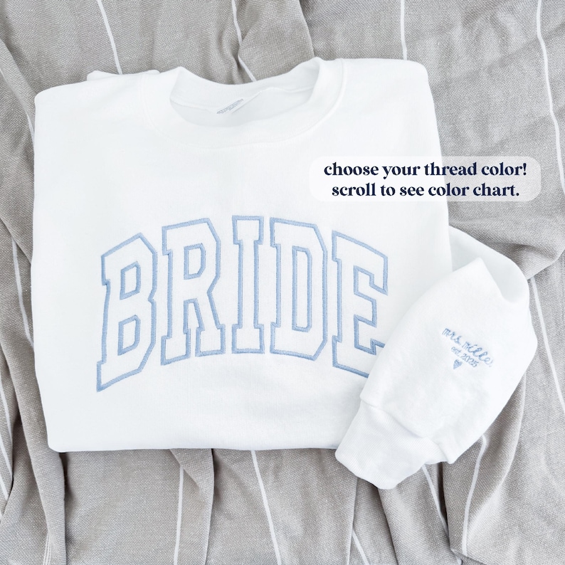 embroidered front+ sleeve - pick your thread color! chart in photos. specify color in personalization box.