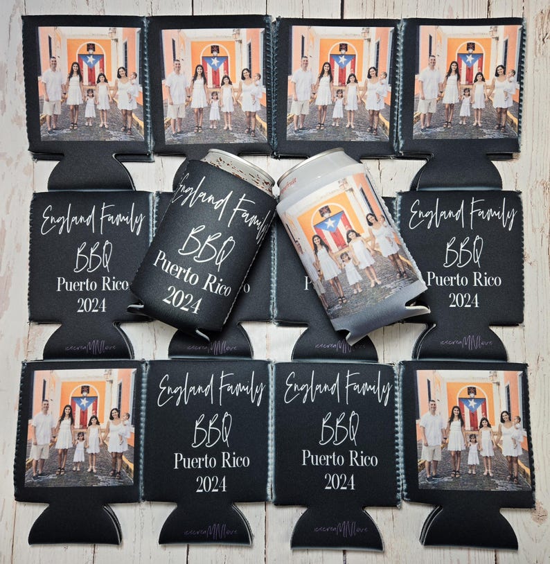 May include: Black can coolers and matching koozies with a family photo and text. The text reads "England Family BBQ Puerto Rico 2024". The koozies have a black background with white text and a photo of a family.