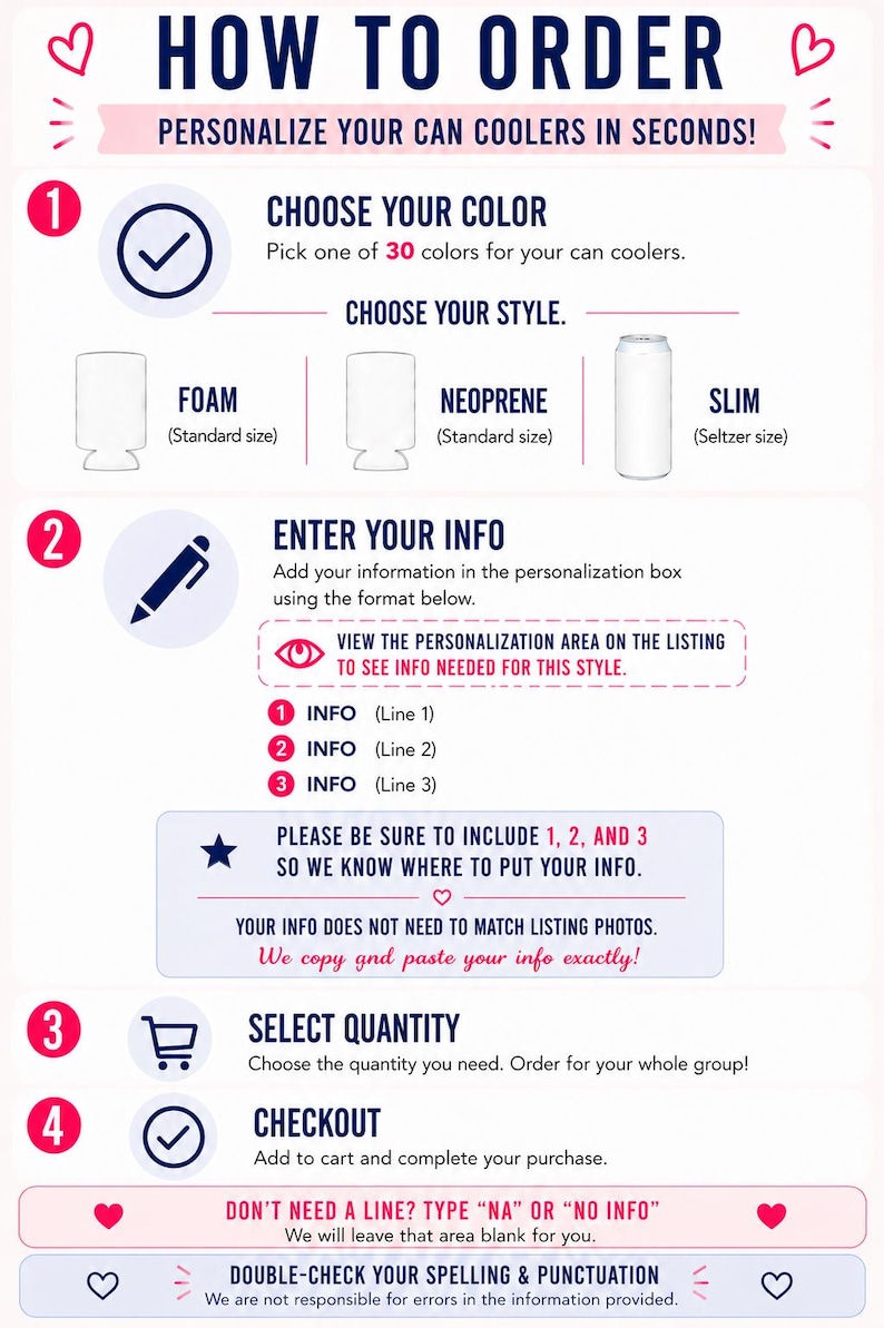 Peut inclure: Infographie expliquant comment commander des refroidisseurs de canettes personnalis&eacute;s. Les &eacute;tapes incluent le choix d'une couleur parmi 30 options, la s&eacute;lection d'un style, la saisie des informations de personnalisation, la s&eacute;lection de la quantit&eacute; et le paiement.