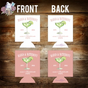 May include: White and pink drink koozies with the text "MARGS & MATRIMONY" and "name's Bachelorette INFO". Each koozie features a watercolor margarita illustration and the year 2024.