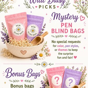 Puede incluir: Dos conjuntos de bolsas sorpresa de bol&iacute;grafos rosas y morados en cuencos moteados con palas de madera. El texto dice: Wild Daisy Picks, Mystery Pen Blind Bags, No special requests for color, pen styles, or themes to keep the surprise fun and fair, Bonus Bags.