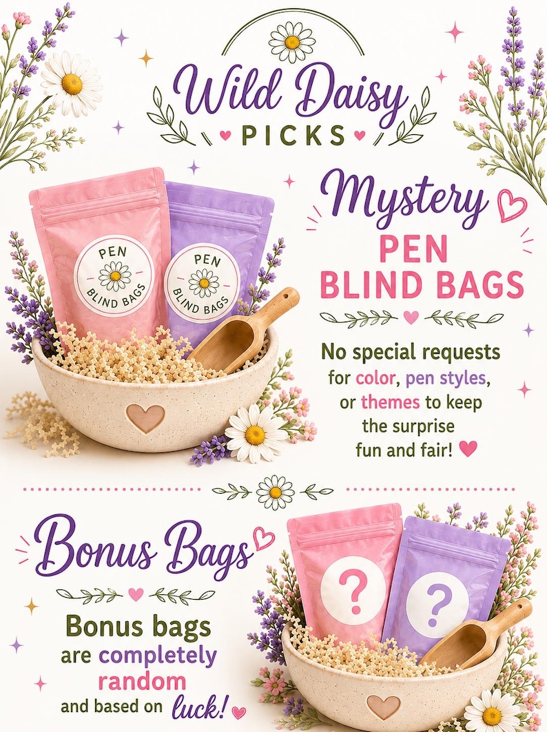 Puede incluir: Dos conjuntos de bolsas sorpresa de bol&iacute;grafos rosas y morados en cuencos moteados con palas de madera. El texto dice: Wild Daisy Picks, Mystery Pen Blind Bags, No special requests for color, pen styles, or themes to keep the surprise fun and fair, Bonus Bags.