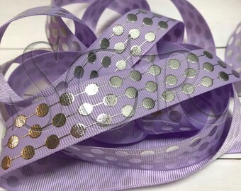 Light Purple USDR Grosgrain Ribbon Silver Foil Dot Print 7/8 inch Ribbon by the Yard High Quality Designer Ribbon Orchid Ribbon for bows