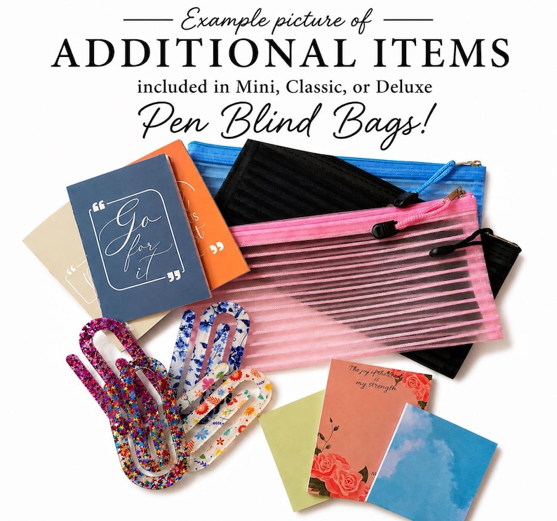 Puede incluir: Una colecci&oacute;n de art&iacute;culos de papeler&iacute;a que incluye estuches de malla con cremallera en azul, negro y rosa, cuadernos peque&ntilde;os con texto, clips gigantes con purpurina y motivos florales, y tarjetas decorativas con im&aacute;genes de flores y cielos.