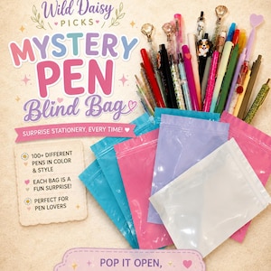 Puede incluir: Una colecci&oacute;n de bol&iacute;grafos variados con diversos adornos, incluyendo diamantes y corazones, mostrados detr&aacute;s de varias bolsas de pl&aacute;stico opacas de colores. El texto en la imagen dice Wild Daisy Picks Mystery Pen Blind Bag, Surprise Stationery, Every Time!, 100+ Different Pens In Color & Style, Each Bag Is A Fun Surprise!, Perfect For Pen Lovers, y Pop It Open, Discover The Magic!