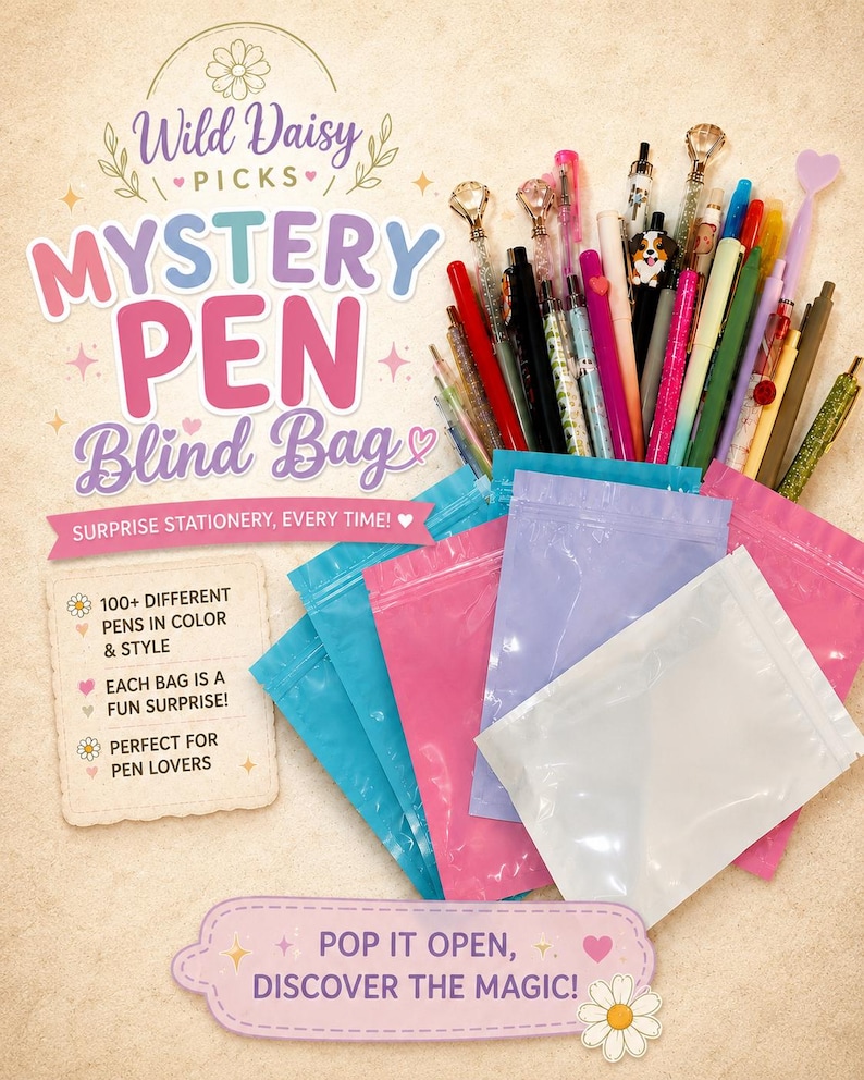 Puede incluir: Una colecci&oacute;n de bol&iacute;grafos variados con diversos adornos, incluyendo diamantes y corazones, mostrados detr&aacute;s de varias bolsas de pl&aacute;stico opacas de colores. El texto en la imagen dice Wild Daisy Picks Mystery Pen Blind Bag, Surprise Stationery, Every Time!, 100+ Different Pens In Color & Style, Each Bag Is A Fun Surprise!, Perfect For Pen Lovers, y Pop It Open, Discover The Magic!