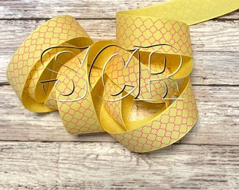 Pink Quatrefoil Print, Yellow Grosgrain, 7/8 Inch Ribbon, Ribbon by the Yard, Designer Ribbon, Easter Ribbon, Holiday Ribbon, DIY Crafts