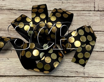 Gold Metallic Silly Dot, Black Grosgrain, USD Grosgrain, 7/8 Inch Ribbon, Ribbon by the Yard, School Ribbon, High Quality Ribbon