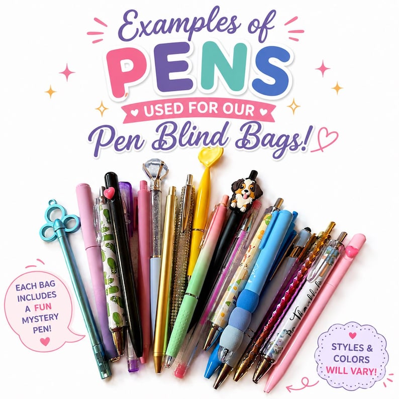 Puede incluir: Una colecci&oacute;n de varios bol&iacute;grafos que incluye un bol&iacute;grafo azul claro con forma de llave, uno rosa, uno negro con dibujos de pepinillos, uno con tope de diamante, uno dorado con purpurina, uno amarillo y uno con una figura de perro.