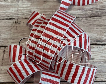 Red Wonky Stripe, White Grosgrain, 7/8 Inch Ribbon, Ribbon by the Yard, Christmas Ribbon, Glitter Ribbon,High Quality Ribbon,Hair Bow Ribbon