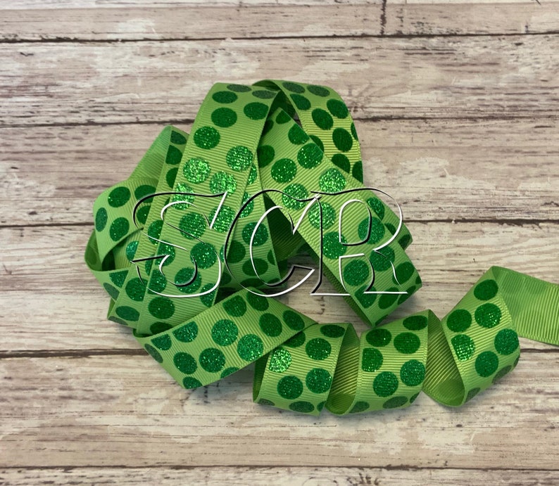 Green Grosgrain Ribbon Patricks Ribbon 78 Inch Ribbon St Holiday Ribbon Ribbon by the Yard Spring Ribbon, Green Glitter Silly Dot