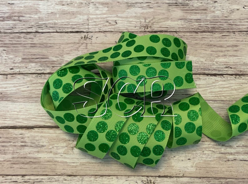 Green Grosgrain Ribbon Patricks Ribbon 78 Inch Ribbon St Holiday Ribbon Ribbon by the Yard Spring Ribbon, Green Glitter Silly Dot
