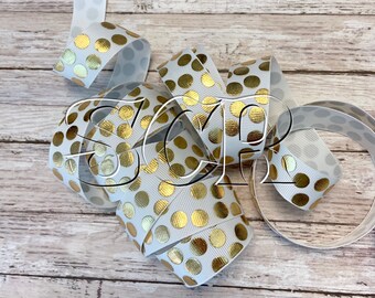 Gold Metallic Silly Dot, USD Grosgrain Ribbon, White Grosgrain, Christmas Ribbon,Holiday Ribbon, Gift Wrap Ribbon, Hair Bow Ribbon