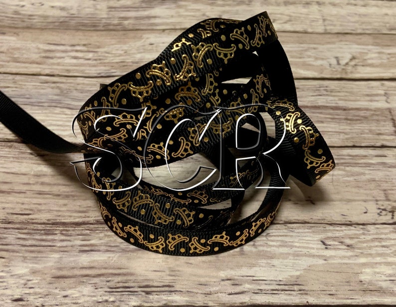 Gold Crown Print, Black Grosgrain, 3/8 Inch Ribbon, Ribbon by the Yard, Baby Shower Print, Gift Wrap Ribbon, DIY Crafts, Scrapbooking Ribbon image 2