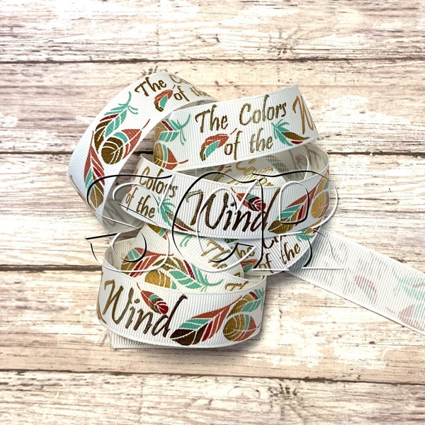 Feather Print, Colors of the Wind, Ribbon by the Yard, 7/8 Inch Ribbon, White Grosgrain, Movie Ribbon, Pocahontas Print, Gold Words Print
