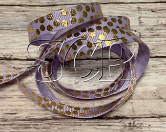 Punto metálico dorado, Grosgrain púrpura, cinta cortada a medida, cinta de 3/8 pulgadas, cinta de lazo de pelo, impresión de puntos metálicos, manualidades DIY, cinta impresa