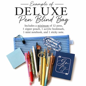 Puede incluir: Un set de bol&iacute;grafos deluxe que incluye un estuche de malla azul con cremallera, un m&iacute;nimo de 12 bol&iacute;grafos con varios dise&ntilde;os, un marcap&aacute;ginas de acr&iacute;lico, una mini libreta con el texto Go for it y una nota adhesiva azul claro. El texto dice Example of DELUXE Pen Blind Bag.