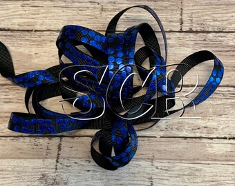 Blue Foil Silly Dot, Black Grosgrain, 3/8 Inch Ribbon, Ribbon by the Yard,Foiled Ribbon,Hair Bow Ribbon,Gift Wrap Ribbon,Scrapbooking Ribbon