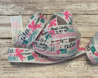 Glitter Word Print, Cupid Print, Valentines Print, 7/8 Inch Grosgrain, Ribbon by the Yard, Glitter Ribbon, Holiday Print, Hair Bow Ribbon