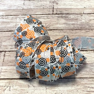 Metallic Wonky Swirl, White Grosgrain, 7/8 Inch Ribbon, Ribbon by the Yard, Orange Swirls, Black Swirls, Metallic Silver Swirl, DIY Crafts image 2