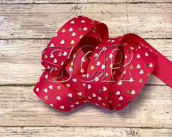 Gold Foil Heart Print, Pink Grosgrain Ribbon, Valentines Ribbon, Ribbon by the Yard, 7/8 Inch Ribbon, Holiday Ribbon, Hair Bow Ribbon