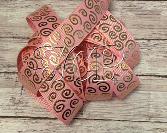 Gold Metallic Wonky Swirl, Light Pink Grosgrain, 7/8 Inch Ribbon, Ribbon by the Yard, Metallic Ribbon, Spring Ribbon, Designer Ribbon
