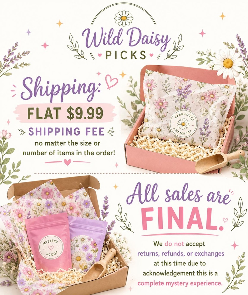 Puede incluir: Dos cajas de cart&oacute;n abiertas que contienen art&iacute;culos sorpresa envueltos en papel de seda floral con patrones de margaritas y lavanda. Cada caja incluye una peque&ntilde;a pala de madera y relleno de papel. Una caja es rosa, la otra es marr&oacute;n.