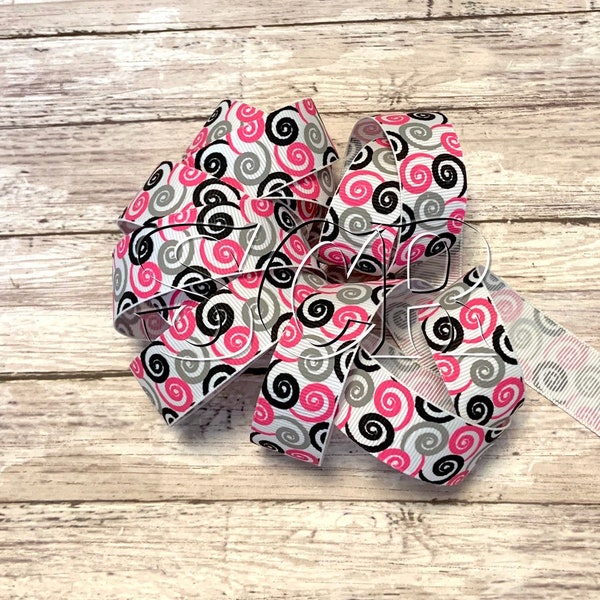 Wonky Swirl Print, White Grosgrain, 7/8 Inch Ribbon, Ribbon by the Yard, Pink Swirls, Black Swirls, Gray Swirls, Hair Bow Ribbon, DIY Crafts