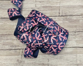 Anchor Print Ribbon, Chevron Anchor Print, Navy Grosgrain Ribbon, Ribbon by the Yard, 7/8 Inch Ribbon, Sailors Ribbon, Hair Bow Ribbon