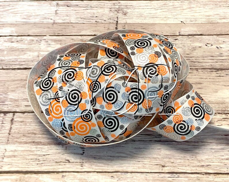 Metallic Wonky Swirl, White Grosgrain, 7/8 Inch Ribbon, Ribbon by the Yard, Orange Swirls, Black Swirls, Metallic Silver Swirl, DIY Crafts image 1