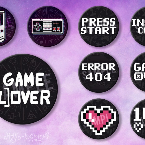 Badges Retrogaming Geek / Game Over / Game Lover / Error 404 / Insert Coin / Press Start / 1 Up / Pixel