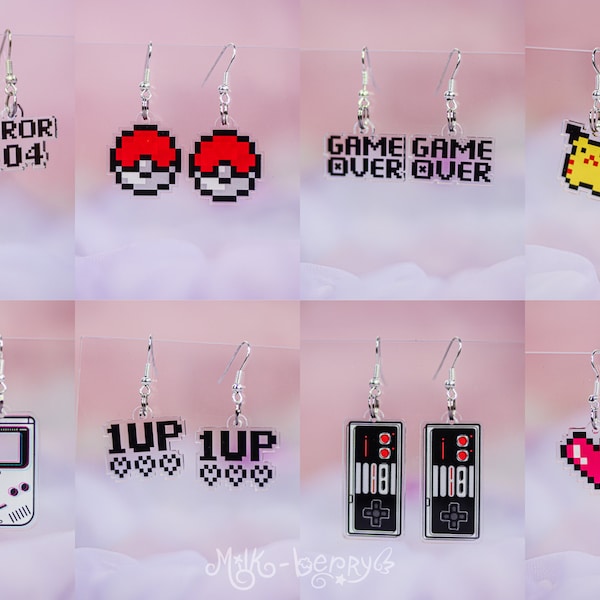 Boucles d'Oreilles Acrylique Gamer Geek / Game Over 1Up Coeur Pixel Error 404 Retrogaming Jeux vidéo