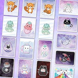 Kawaii Postkarte / Roter Panda, Katze, Dinosaurier, Erdbeere, Tamagotchi, Kaninchen, Oktopus, Milch, Qualle, Mondtrank, Einhorn, Retrogaming / Illustration