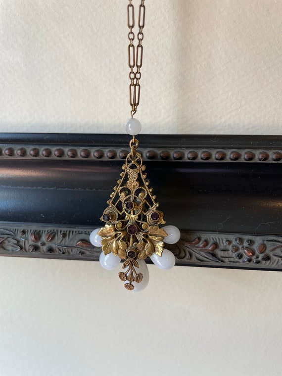 Antique Milk Glass Necklace with Floral design - image 7